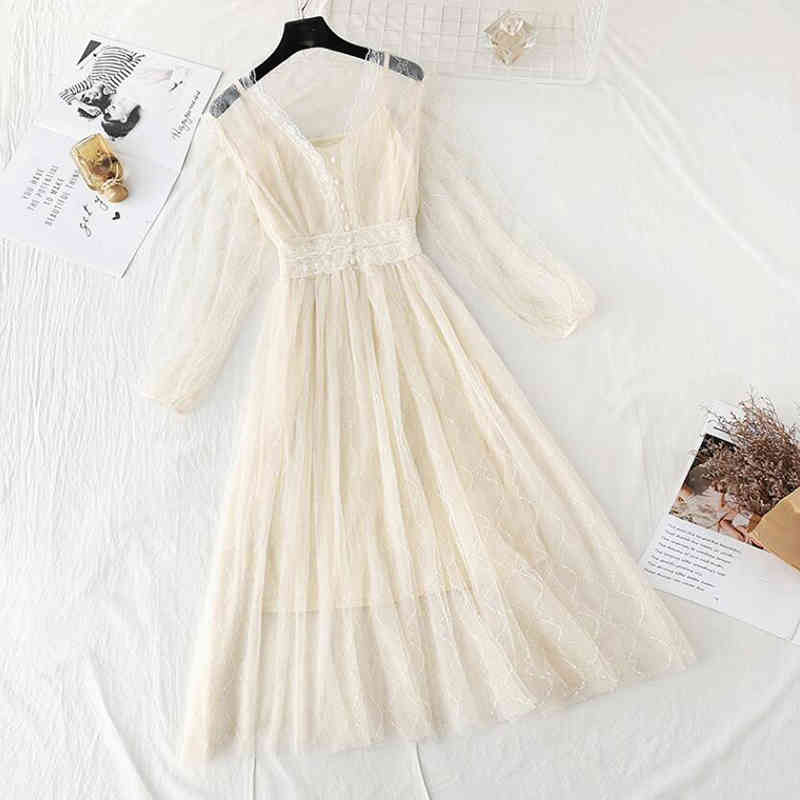 Solid Color Women Dress 2-piece Set Spring Summer Vintage Sweet Mesh Dresses Long Sleeve Party Dress Robe Femme Vestido 210521