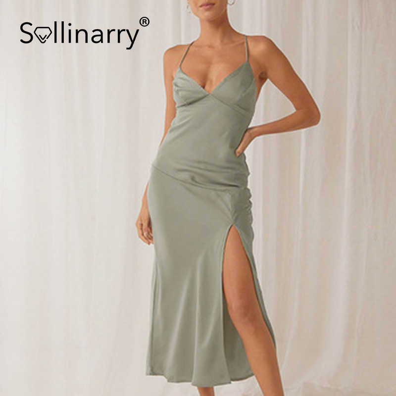 Sollinarry Elegant lady party V-neck Tuxedo slim Chic style women spaghetti split long dress summer Sexy solid dresses vintage 210709