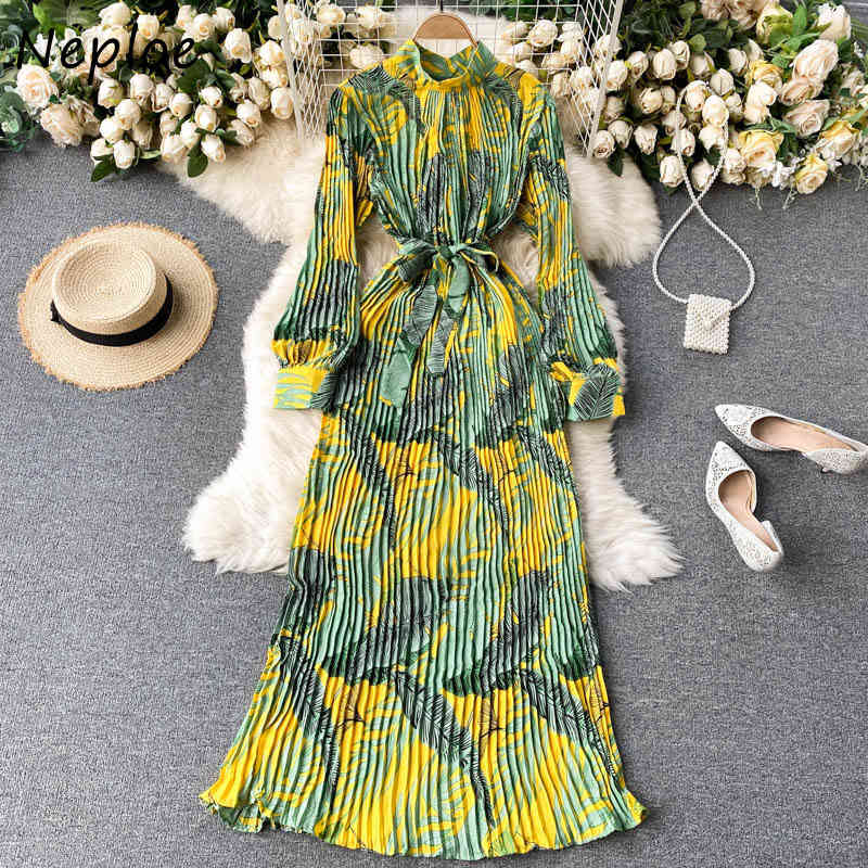 Neploe Vintage Bohemian Holiday Maxi Dress Women High Waist Hip A Line Draped Vestidos O Neck Long Sleeve Print Pleated Dresses 210422