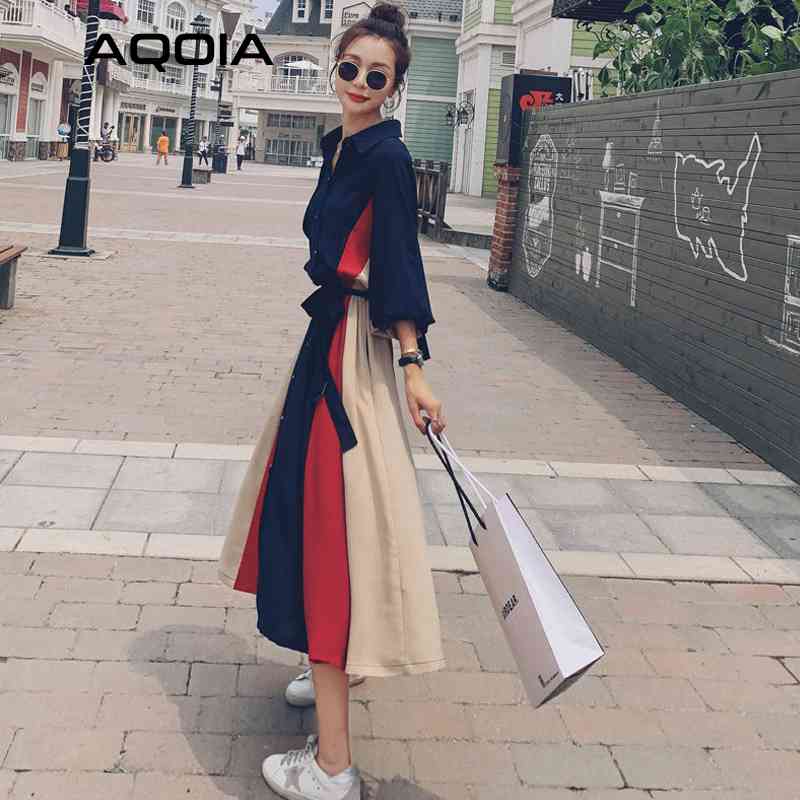 Summer Women Maxi Dress Vingate Patchwork Casual Lantern Sleeve Button Up Turn Down Collar Ladies Shirt Loose Robe 210521