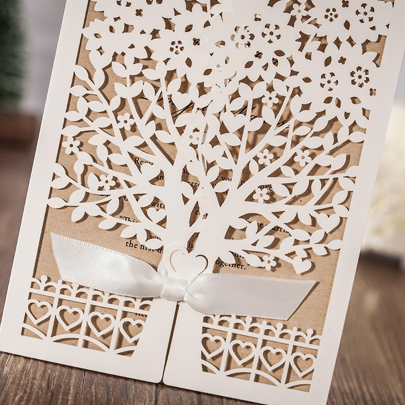 2021 Personalized Wedding Invitation Cards Flora Tree Laser Cut Ivory Color with Hollow Wedding Favors Chinese Party Cards