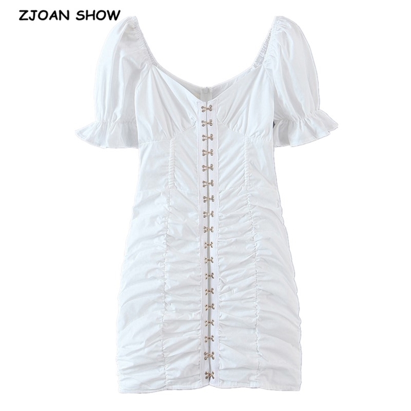 Summer White Metal Hook Buttons Dropped Ruched Dress Ladies Short Sleeve Bodycon Package hips Mini Dresses Holiday Cotton 210429