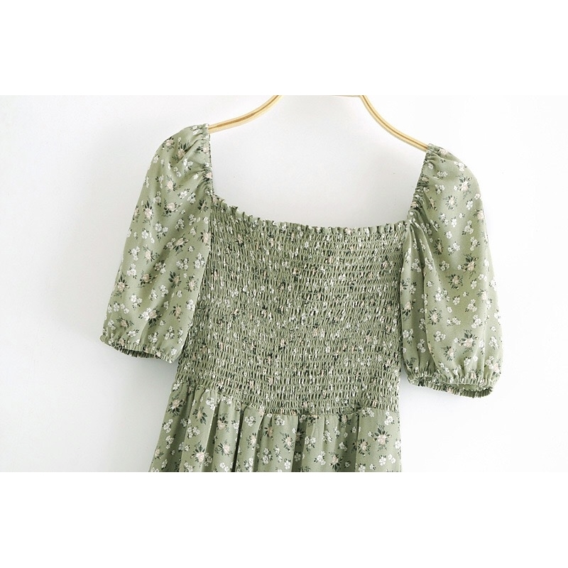 Vintage French Style Elastic Ruched Body Floral Print Women Dress Ruffles Square Collar Hem Slit Midi Dresses Beach Holiday 210429