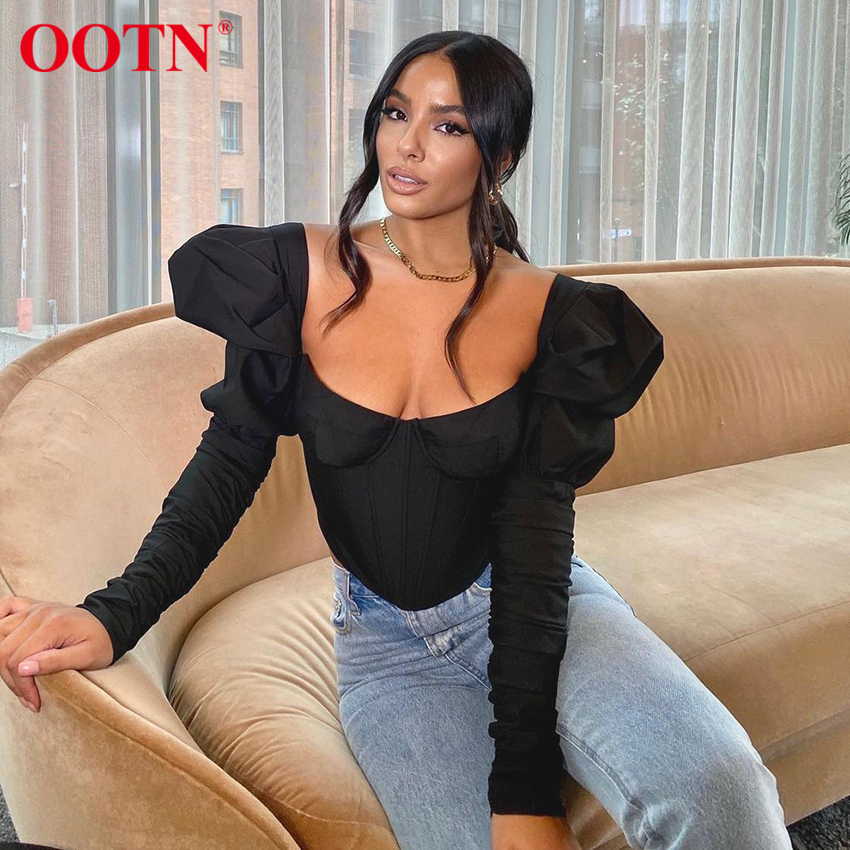 OOTN Sexy Tunic Crop Top Female Shirt Women White Blouse Puff Sleeve Top Elegant Ruched Streetwear Square Neck Black Blouses 210317