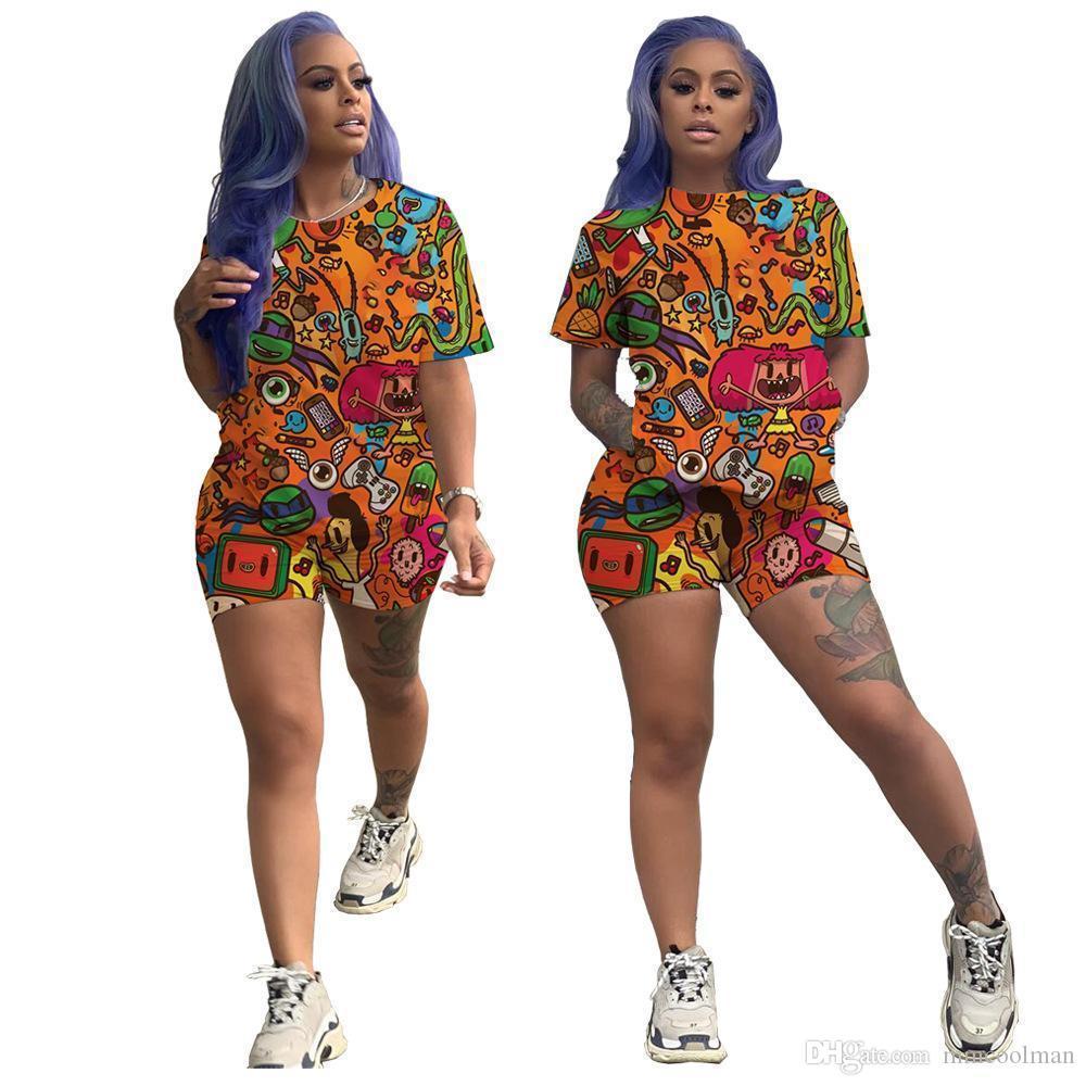 Fashion Cartoon Printed Casual Set dresses Womens Designer Tracksuit Short Sleeve Outfits 2 Piece Pant Sport Suits Clubwear