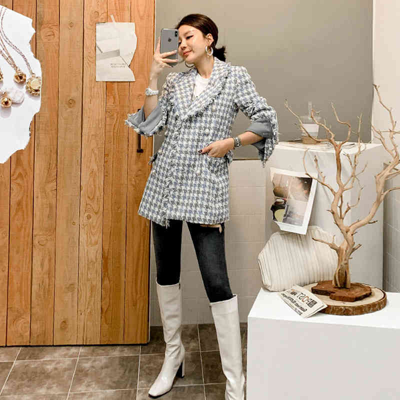 Women Autumn Fashion Double Breasted Plaid Jacket Vintage Turn Down Collar Tweed Streetwear Outwear Jackets Coat 210506