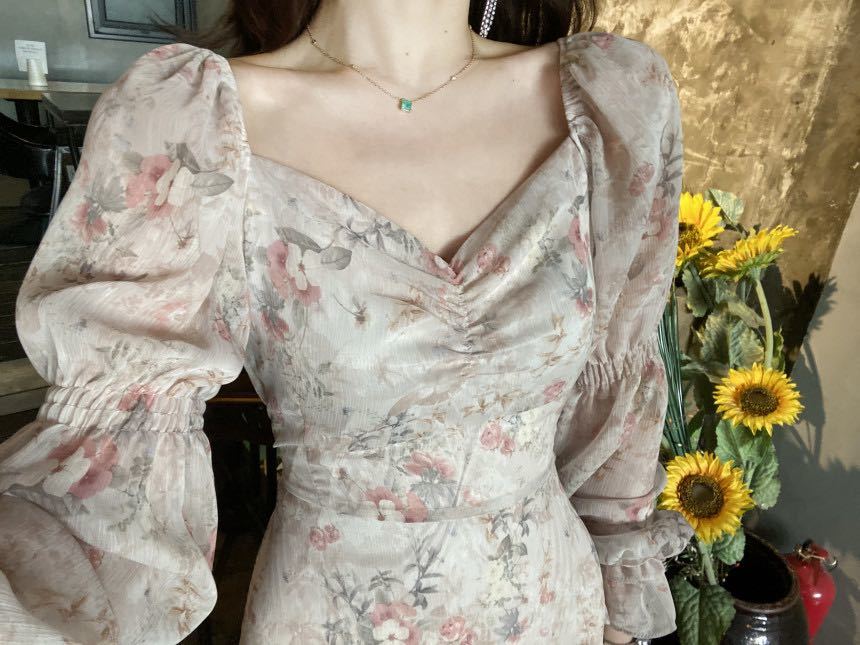 Korean Sweet Romantic Floral Print Dresses Chiffon Puff Sleeve V-neck Chic Vestidos Vintage Elegant Pleated Dress 25535 210422