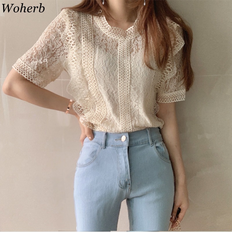 Plus Size Short Sleeve Shirts Hollow Out Korean Fashion Blouse Summer Elegant Lace Tops Women Blusas Mujer Elegante 210519