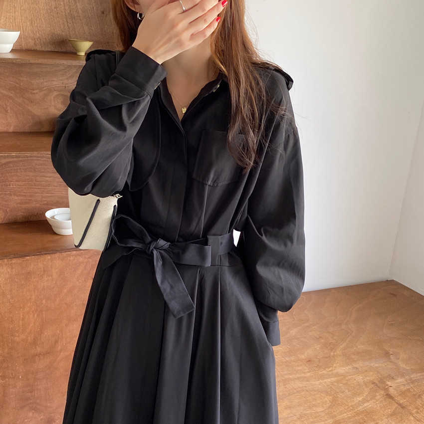 Korea Style Elegant Black A Line Dress High Waist Long Women Clothing Buttons Vestidos 210615