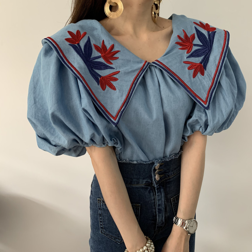 Comelsexy Vintage Ethnic Style Flower Embroidey Blouses Women Summer Lantern Sleeve Loose Denim Shirt Femme Tops Blusas 210515