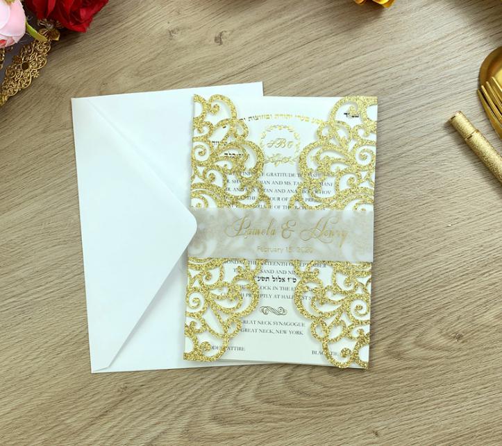 2021 Laser Cut Invite for Wedding, Glitter Rose Gold Wedding Invitations with Belly Band Free Printing