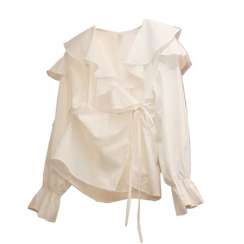Spring Style Ruffle Fashionable Sweet White V Neck Flare Sleeve Shirt All Match Top Blouse Women 210615