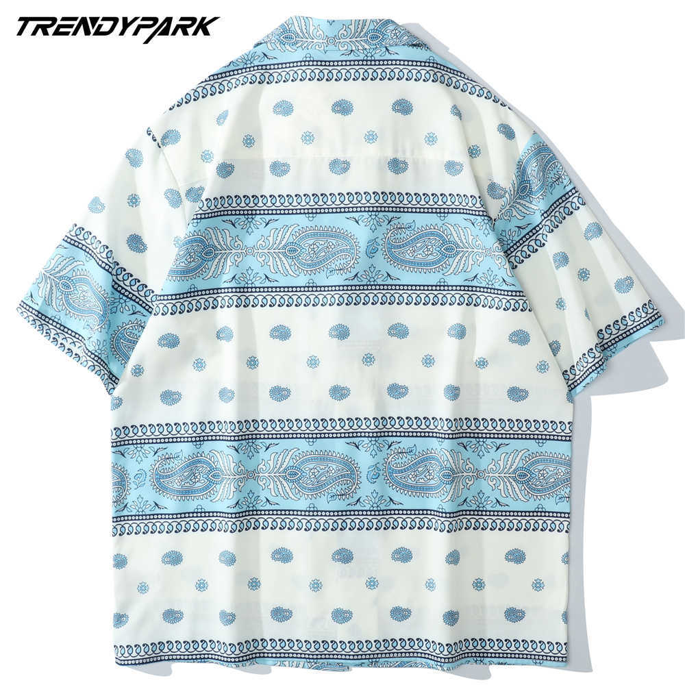 Shirts for Men Stripe Patchwork Hawaiian Beach Holiday Harajuku Short Sleeve Casual Oversized Summer Paisley Shirt 210601