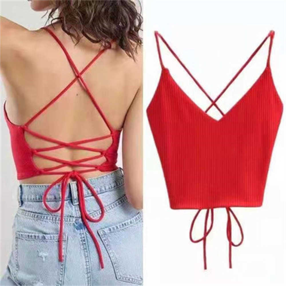 

y2k Summer Women Sexy Corset Crop Top Tank Knitted Back Drawstrings Tie Solid Backless Sleeveless Criss Cross Knit Camis traf 210616, White