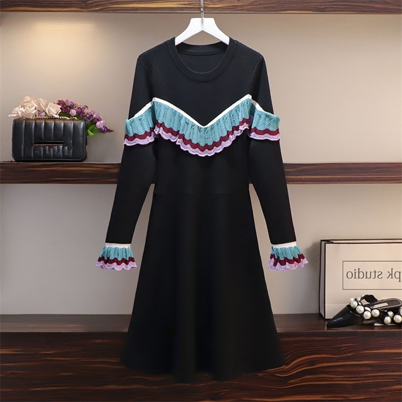 Autumn Winter Sweater Dress Women Colorful Ruffles Trim A-line Black Knitted Elegant O-neck Flare sleeve Short 210602
Autumn Winter Sweater Dress Women Colorful Ruffles Trim A-line Black Knitted Elegant O-neck Flare sleeve Short 210602