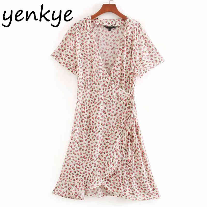 Vintage Women Sweet Floral Print Wrap Dresses Short Sleeve Cross V Neck A-line Sundress robe femme Casual Holiday Summer Dress 210515