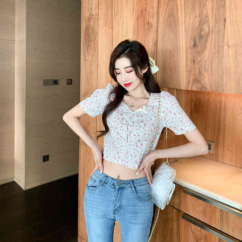 Korean Summer Fashion Sweet Flowers Print Blouses Women Temperament Square Neck Puff Sleeve Short Shirt Tops Female Blusas 210518
