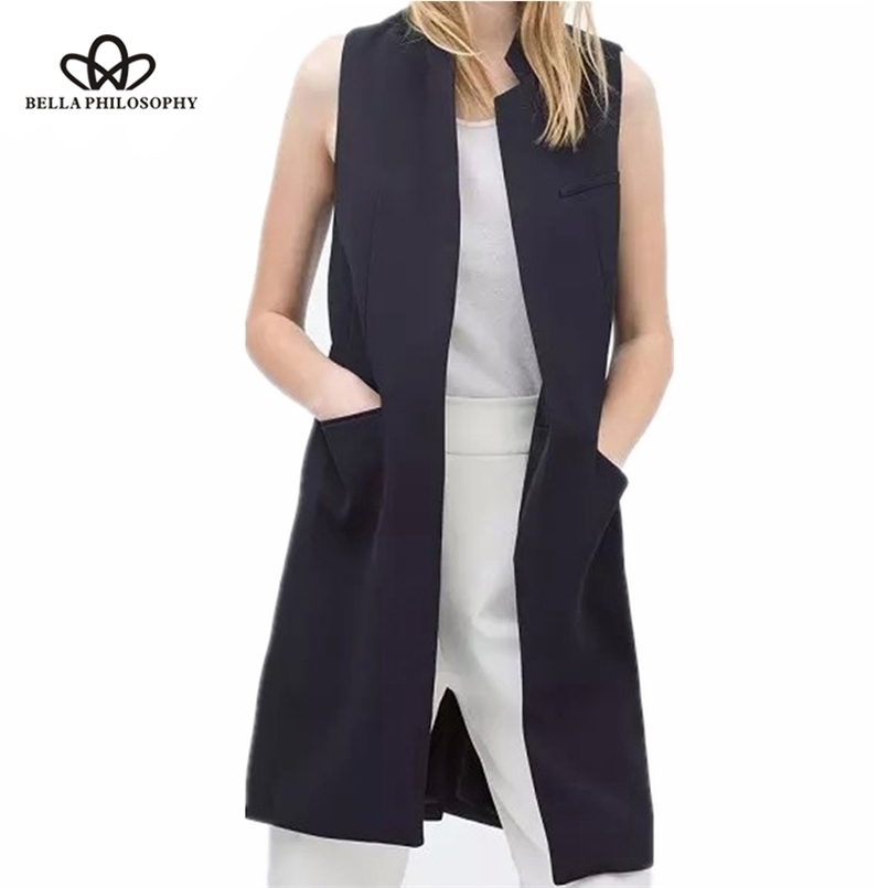 Bella blazer casual women vest waistcoat women long suit vest female jacket coat black pockets office lady 210819