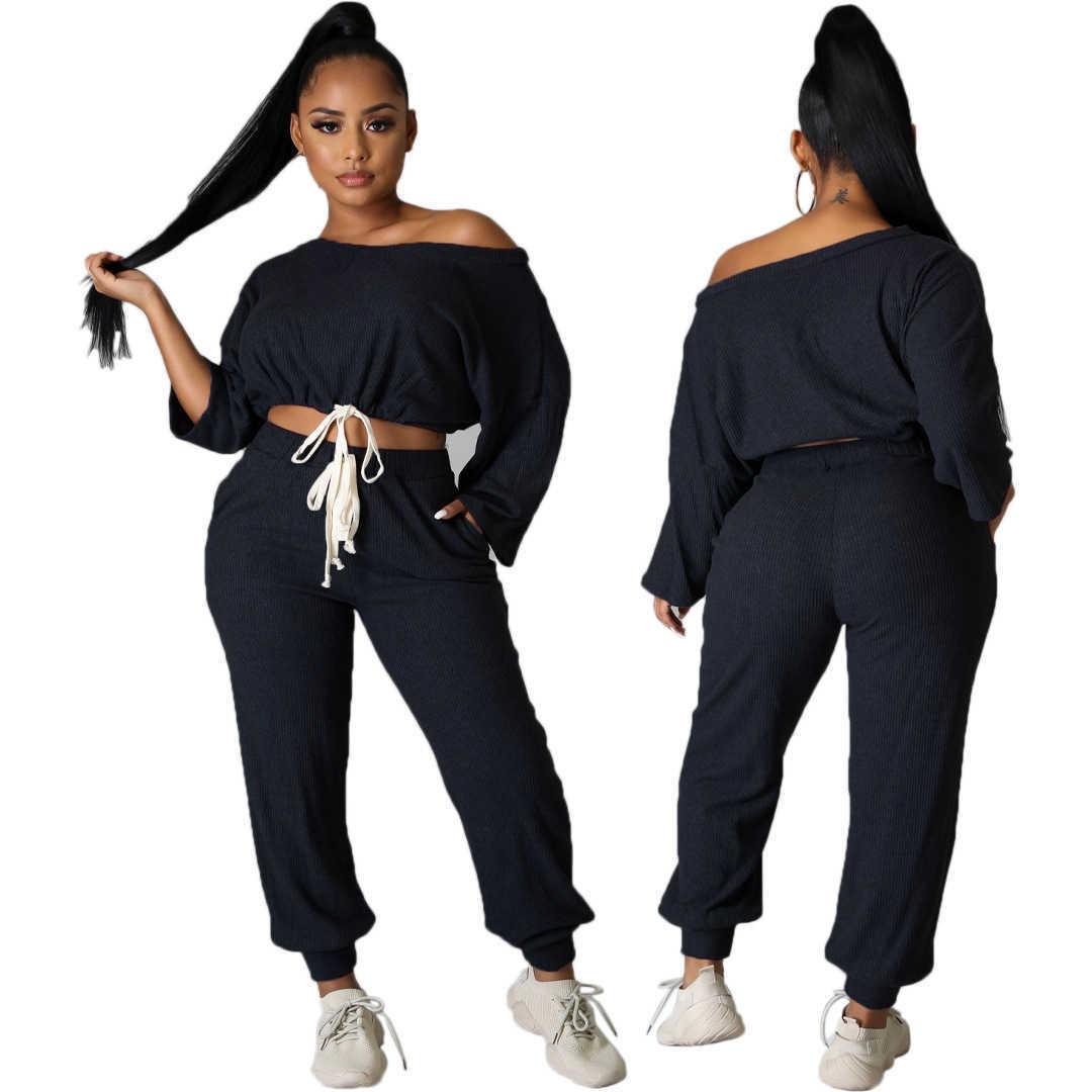 Designers Women Clothes 2023 solid rib off shoulder strap loose casual pants two piece set