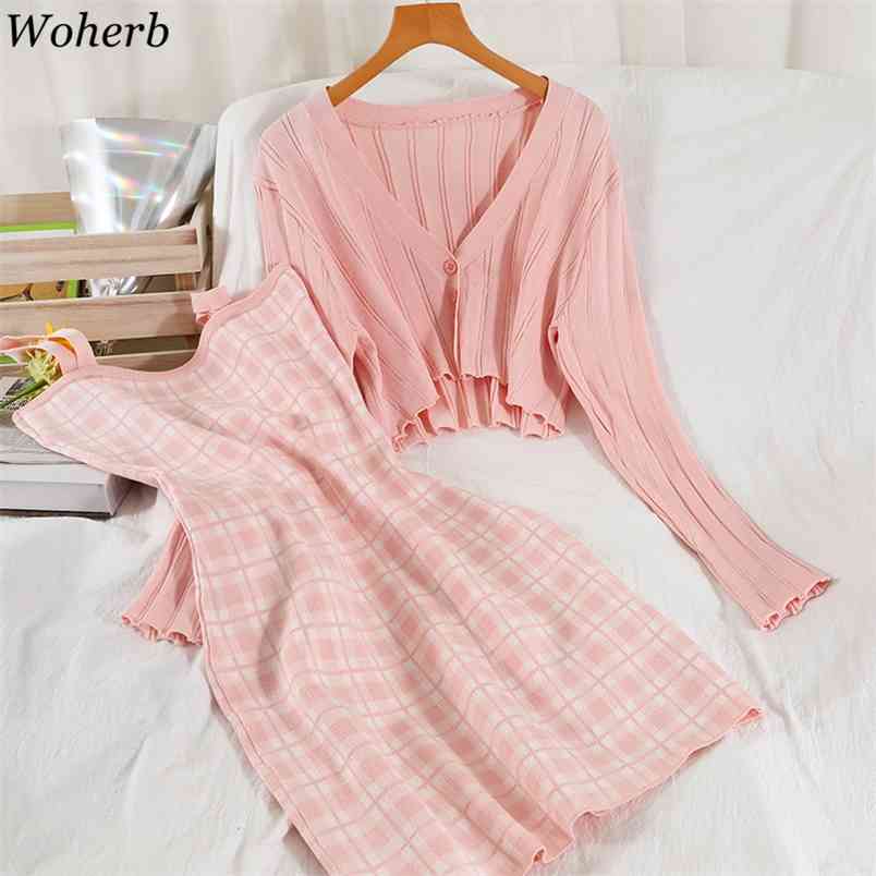 Suit Female Korean Fashion Cropped Cardigan Knitted Jacket Slim Sling Dresses Femme Roupas Chic Two Piece Sets Women 210519