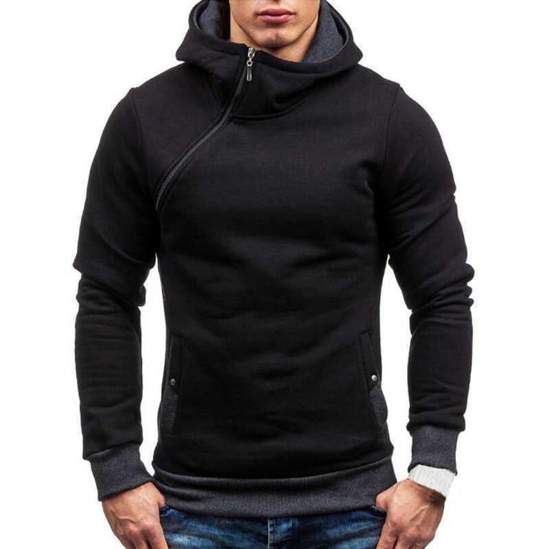 Casual Solid Mens Hoodies Diagonal Zipper Long Sleeve Hoodie Sweatshirts Men Hoody Pullover Sweatshirt Hooded Sweat Homme 211018