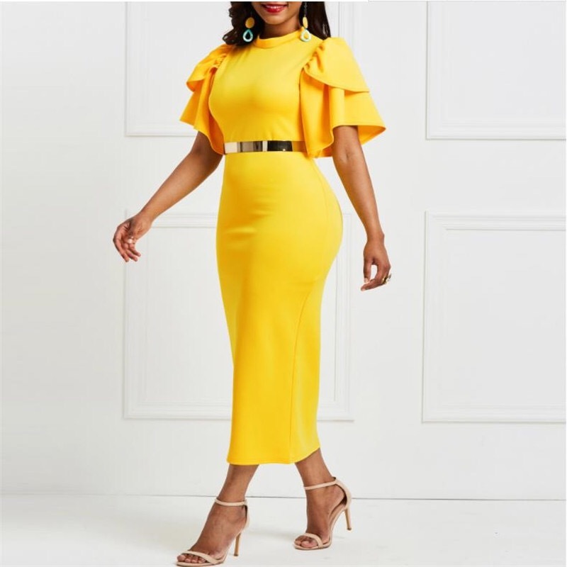 Elegant Dress Women For Wedding Party Wear Bodycon Ankle Length Solid Puff Sleeve Evening Night Dinner Vestidos Mujer 210510