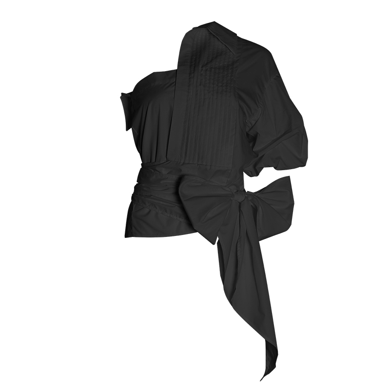 TWOTWINSTYLE Asymmetrical Ruched Blouse For Women Skew Collar Half Sleeve Bowknot Elegant Shirt Female Fashion Clothing 210517