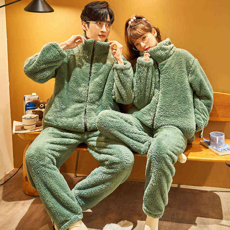 Autumn Winter Warm Flannel Zipper Couple Pajamas Set Women Sleepwear Family Pijama Lover Homewear Cloth Women Casual Men Pyjamas 211118