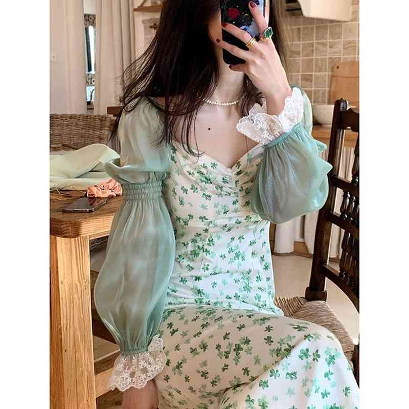 Summer Chiffon Lace Floral Dress Women Green Puff Sleeve Vintage Midi Dress Elegant Evening Party Dress Korean 210521