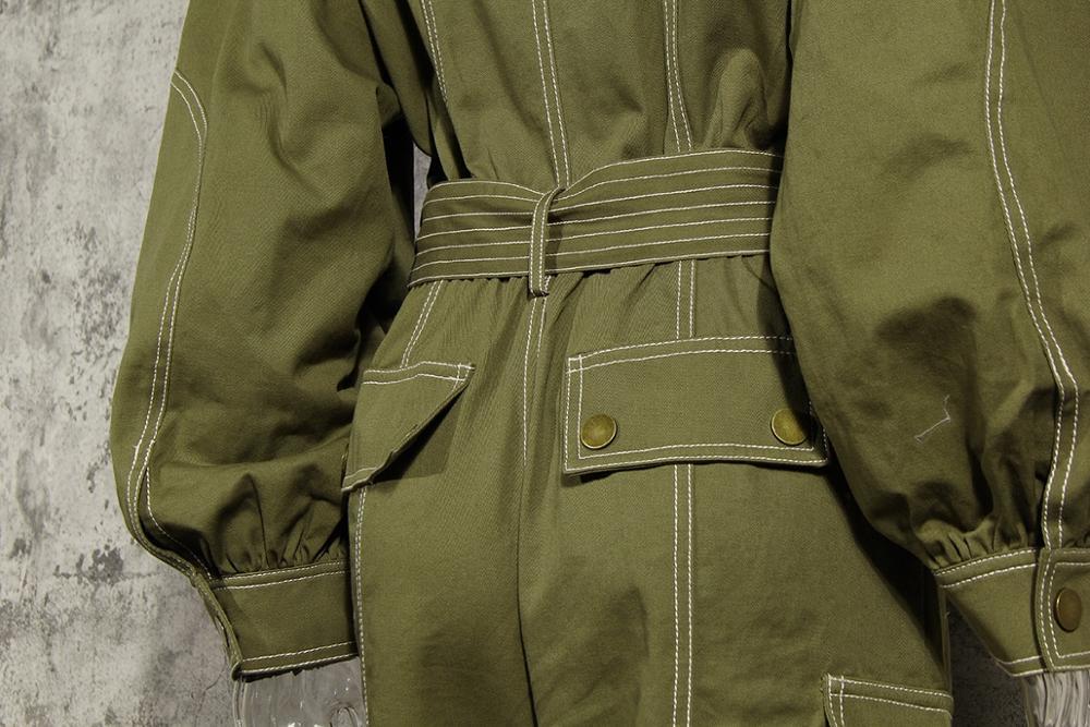 CHIC Autumn Army green Safari Women Jumpsuits Tie Bow Waist Long Lantern Sleeve Bodysuits Pants Romper Playsuits 210429