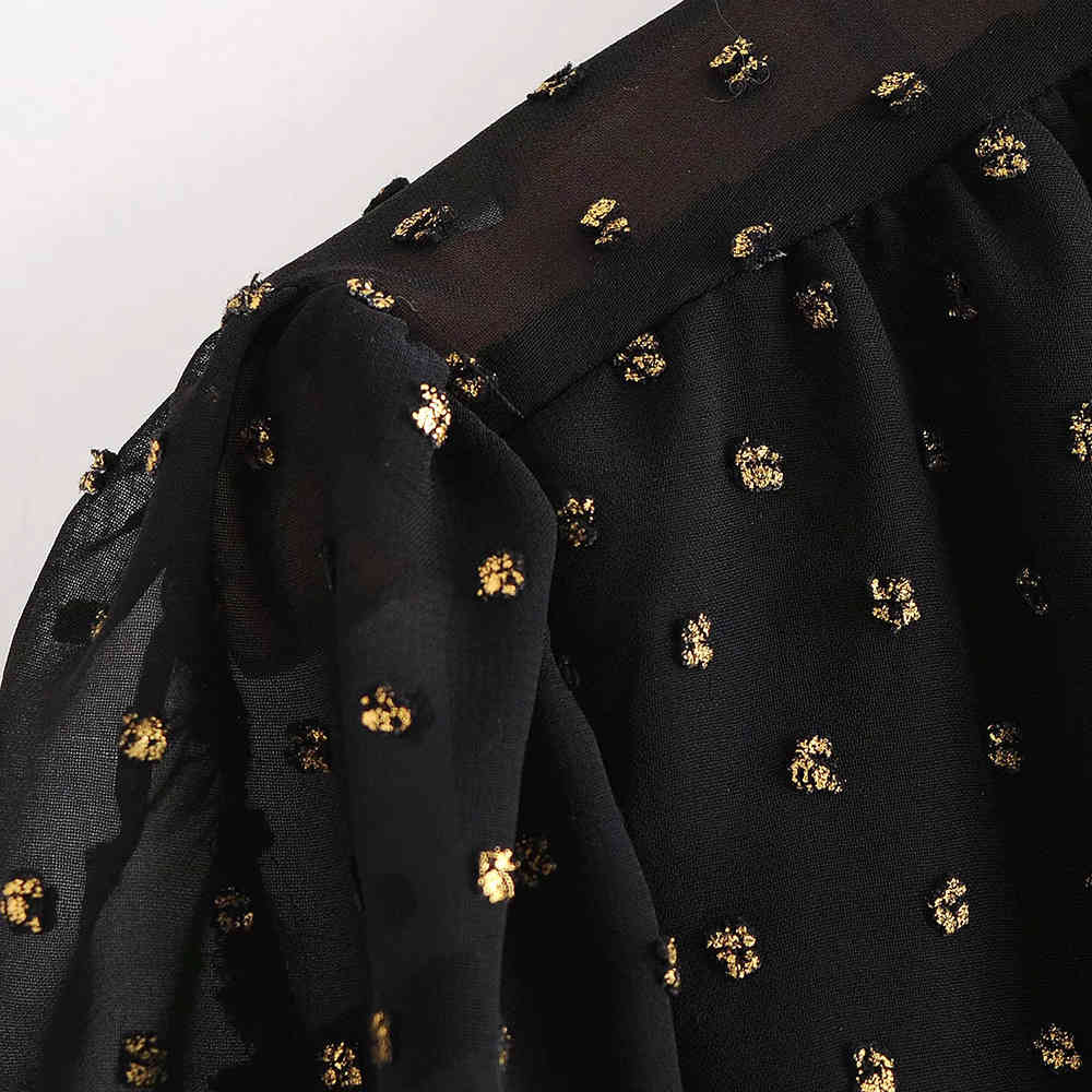 Autumn Fashion Button Up Chiffon Shirt Vintage Blouse Women Black And Golden Silk Thread Lady Long Sleeves Female Loose Shirt 210520