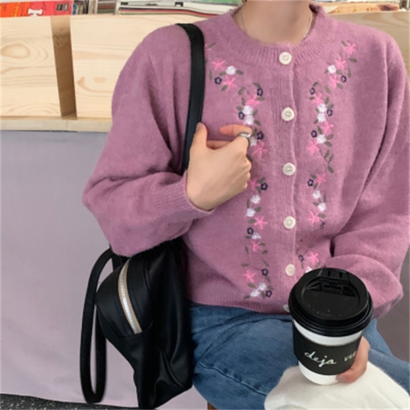 Vintage Floral Embroidered Korean Cardigan Sweater Women Single Breasted O-neck Tops Elegant Fashion Ladies Jumper 210514
