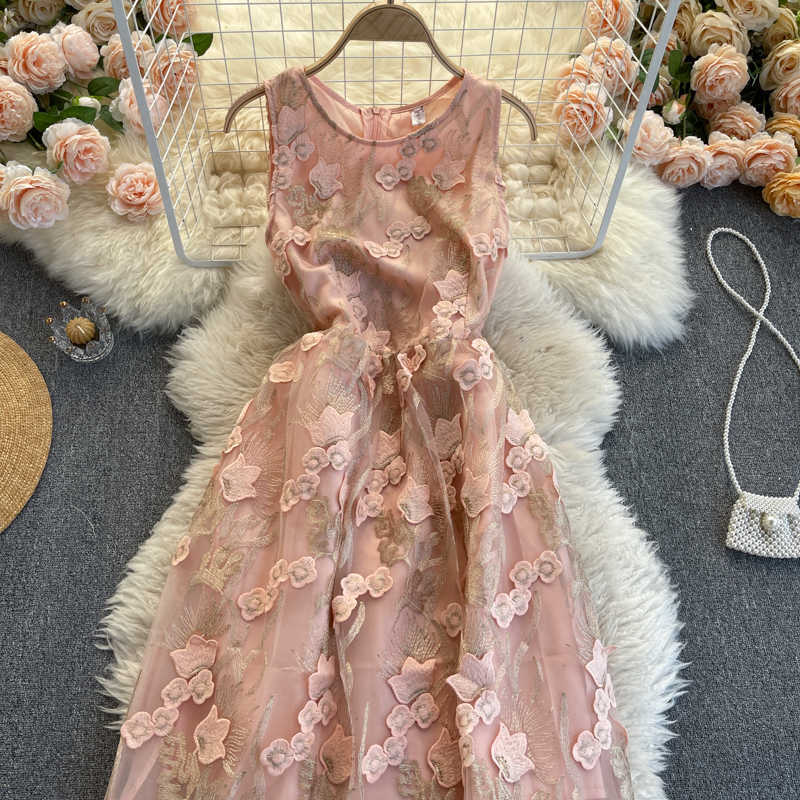 Women Fashion 3D Flower A-line Dress Round Neck Sleeveless High Waist Elegant Harajuku Vestido De Mujer R499 210527