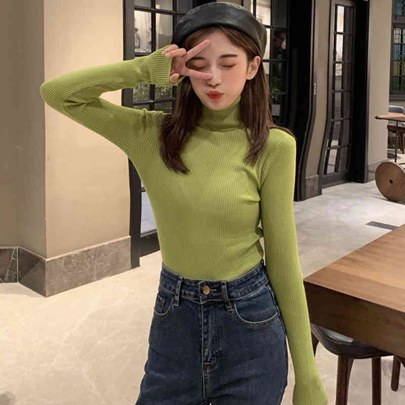 Autumn Long Sleeve Female Pullover Women Sweater Solid Slim Cotton Knitted Turtleneck Clothes Sueter Mujer 10607 210518