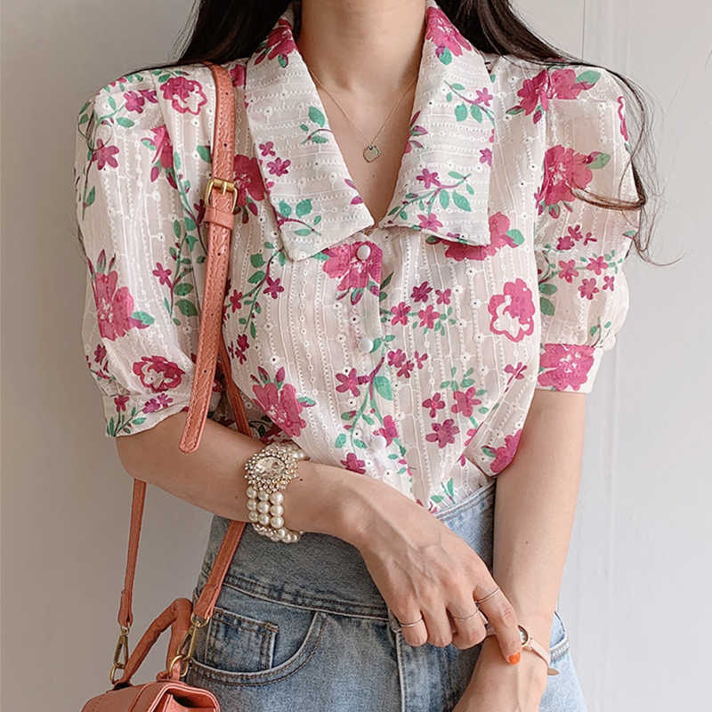 Korejpaa Women Shirt Summer Korean Chic Ladies Lapel Single-Breasted Embroidered Cutout Loose Floral Puff Sleeved Blouses 210526