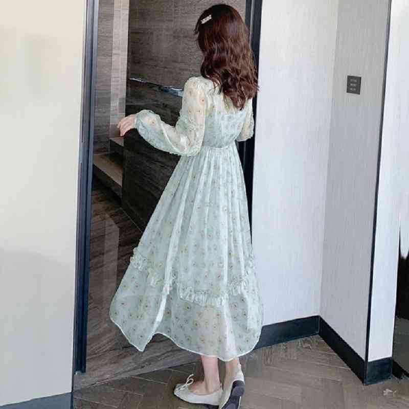 Summer Casual Long Sleeve Chiffon Women Floral Dress Green V Neck Ruffles Maxi Dresses Plus Size Two-piece Suit Female Robe 210521