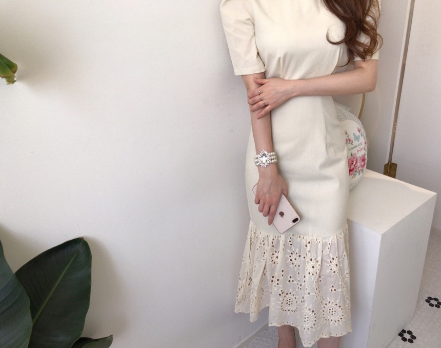 Women's Korean Retro Chic Ruffled Mermaid Hem High Waist Slim Puff Sleeve Bodycon Office Lady Dress Fashion 210519