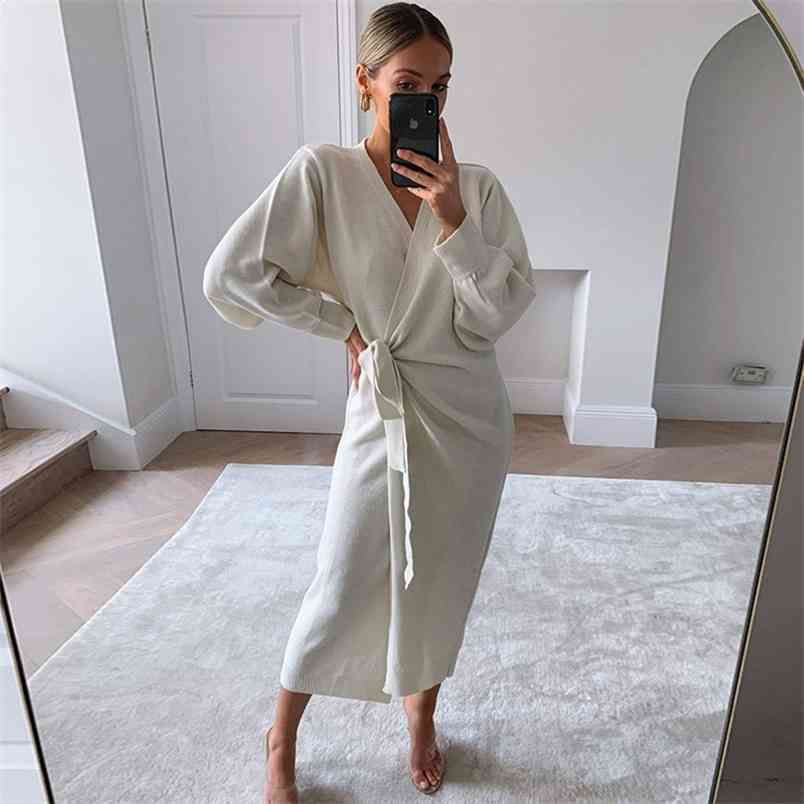 Free Autumn Women Lace-Up Sweater Knit Dress Sexy V-neck Lantern Sleeve Home Split Mdi Vestidos 210524