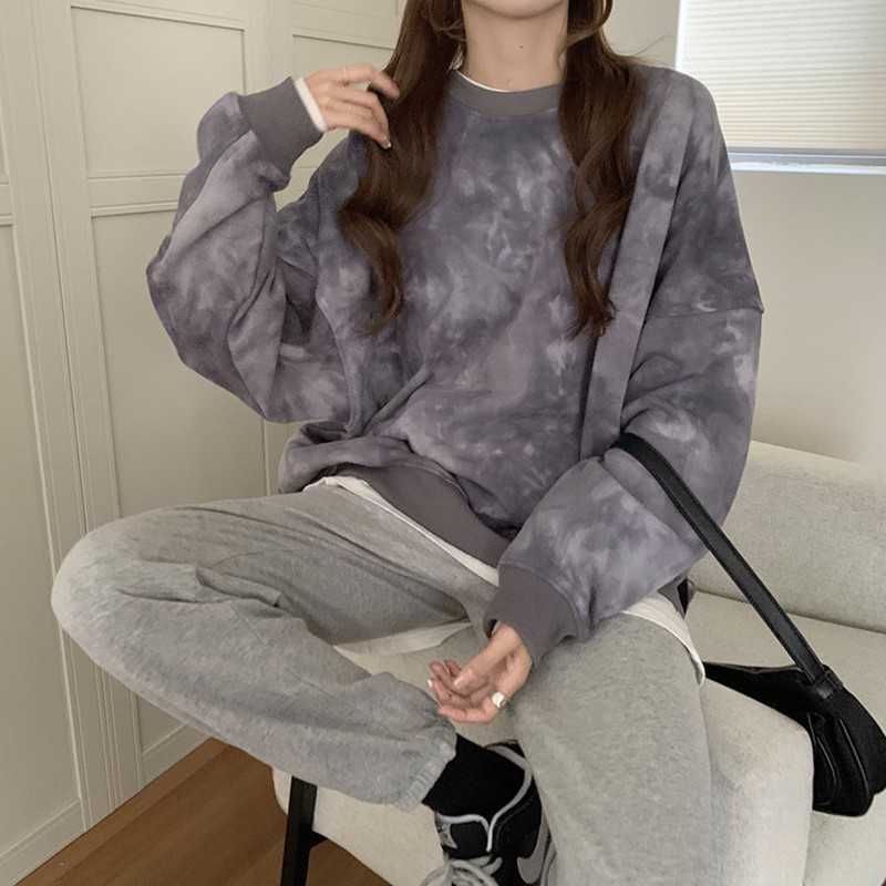 Yedinas Women's Tie Dye Sweatshirts Oversized O-neck Loose Pullover Fahion Winter Tops Fleece Sweaters For Girls Ladies 210527