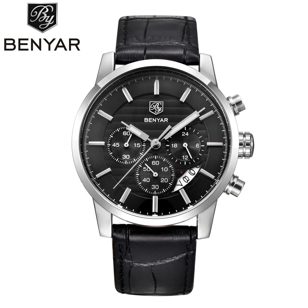 BENYAR 5104 quartz chronograph waterproof watches business and sport design leather band strap wrist watch for men military confignation scratch resistant, Box
BENYAR 5104 quartz chronograph waterproof watches business and sport design leather band strap wrist watch for men military confignation scratch resistant, Box