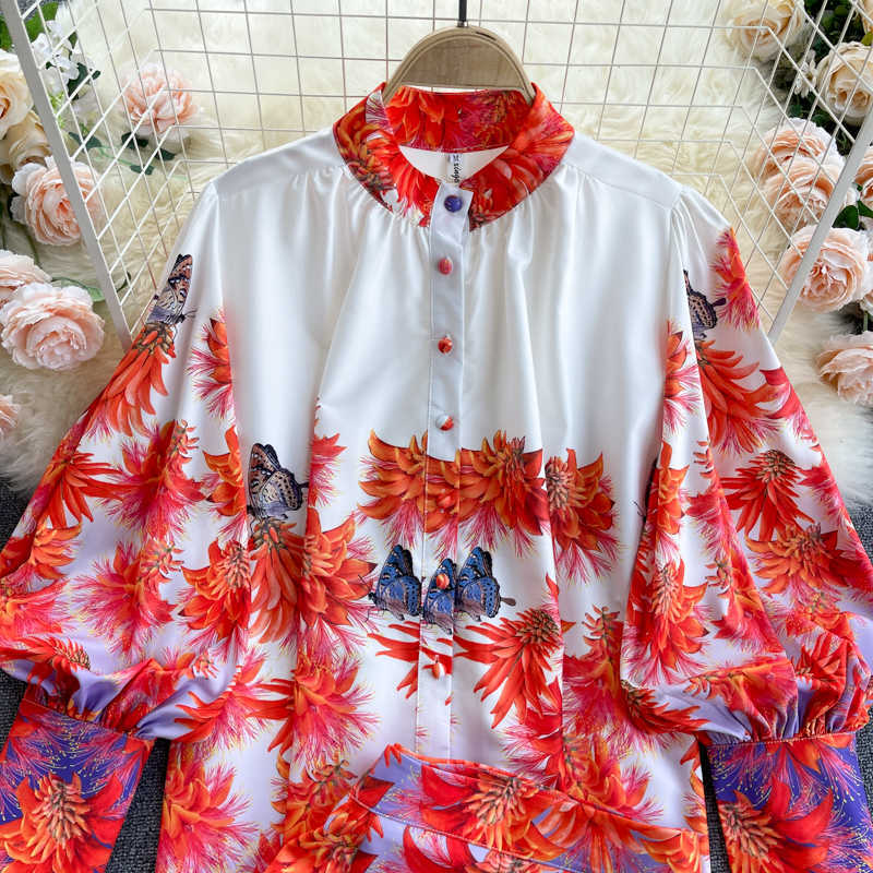 DEAT Women High Waist Wide Leg Shorts Print Lantern Sleeve Shirt Two Piece Set Fashion Spring Summer 11B508 210709