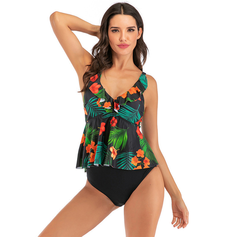 v-neck ruffle bikini swimsuit, Black;white