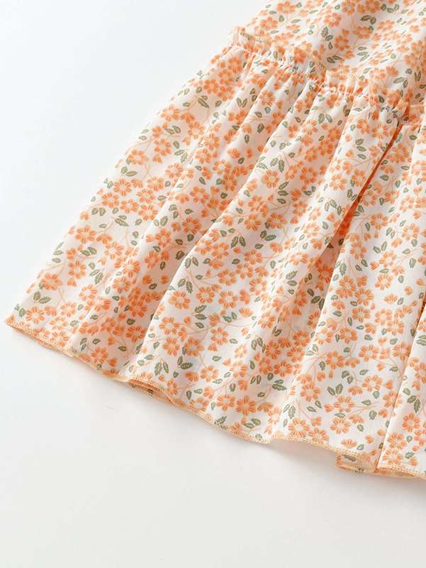 Girls Allover Floral Print Shirred Flounce Sleeve Ruffle Hem Dress SHE