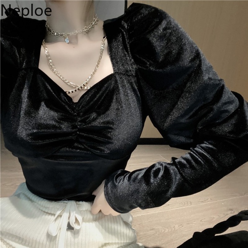 Neploe Square Collar Velvet Blouse Women Ropa Para Mujeres De Moda Temperament Shirt Slim Long Sleeve Chic White Blouses Tops 210422