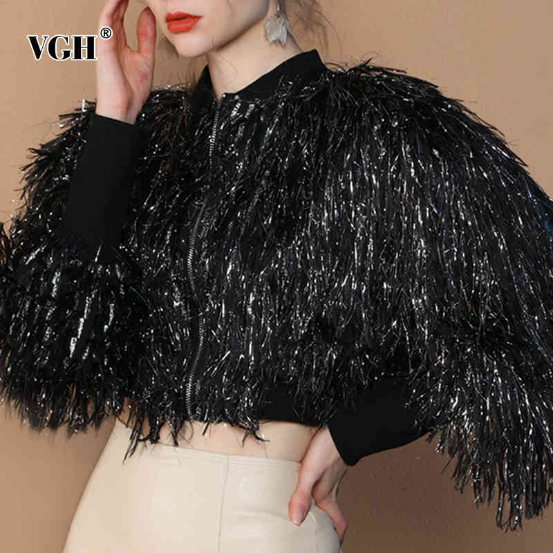 VGH Patchwork Tassel Streetwear Jacket For Women Stand Collar Long Sleeve Casual Short Coat Female Fashion New Clothing 210421