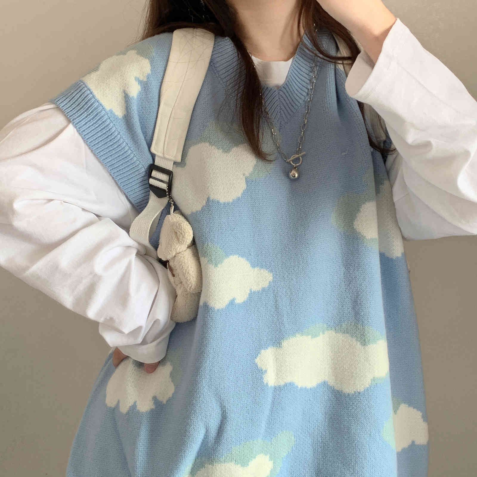Nomikuma Autumn Winter Knitted Sleeveless Pullover Causal V-neck Oversized Women Sweater Korean Cloud Pull Femme 6C799 210427
