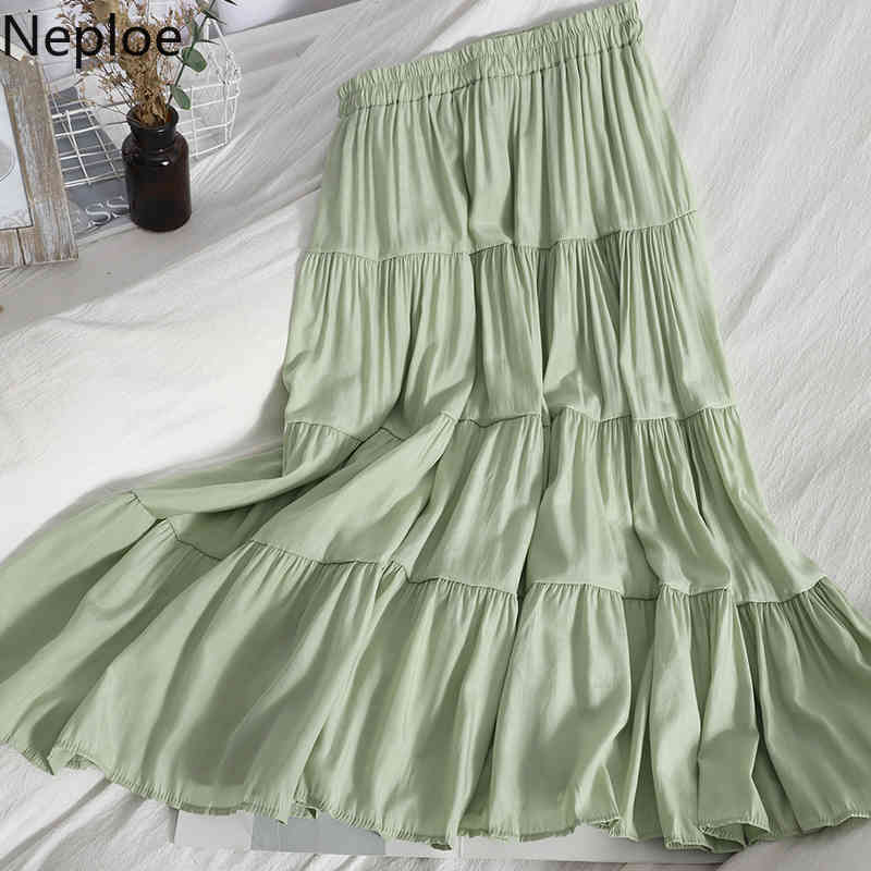 Neploe Ruffle Patchwork Skirts Women Elastic High Waist A-line Big Swing Faldas All-match Thin Solid Color Pleated Skirt Female 210422