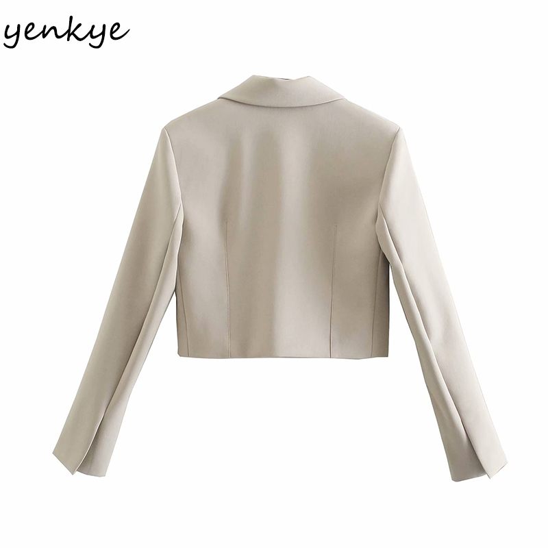 Fashion Women Solid Cropped Blazer Mujer Long Sleeve Notched Collar Office Elegant Suit Jacket Plus Size Short Tops 210430