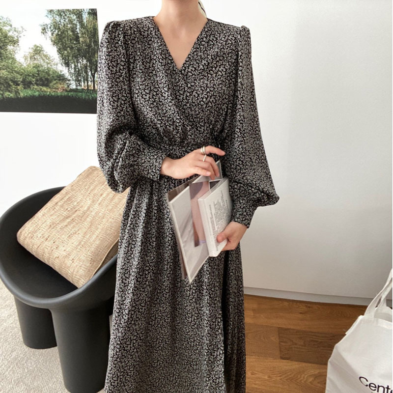 Elegant Maxi Long Dress Korea Chic Vintage Puff Sleeve Print s Casual V-neck with Ribbon Vestidos Feminino 12526 210506