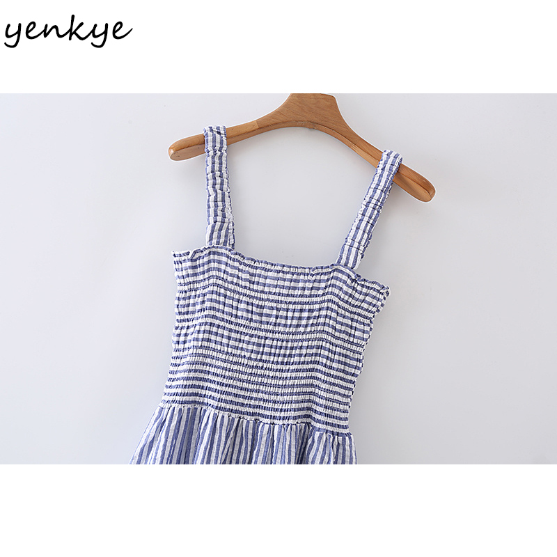 Sweet Women Blue Striped Sexy Sling Long Dress Elegant Female Sleeveless Cotton Casual Summer Vestido 210430